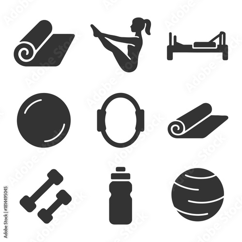 Pilates and yoga equipment icons: mat, dumbbells, water bottle, exercise ball.