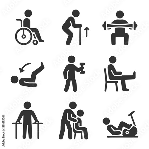 Physical therapy icons: exercise rehabilitation and mobility support illustrations.