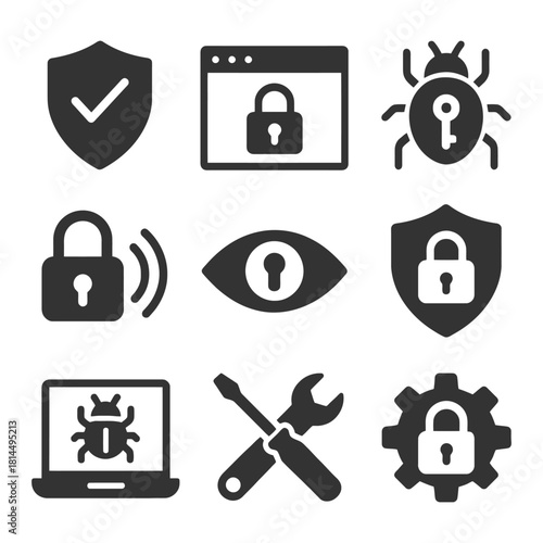 Cybersecurity icons: shield, lock, bug, eye, tools on white background.