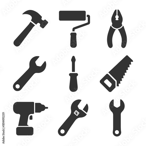 Silhouette icons of various hand tools for construction and repair.