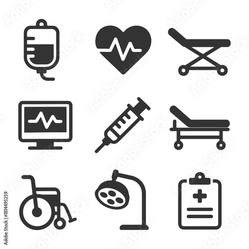 Medical equipment icons: iv bag, heart monitor, stretcher, syringe, wheelchair, examination light.