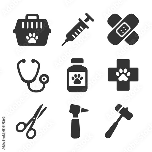 Set of veterinary icons including syringe, stethoscope, and pet carrier.