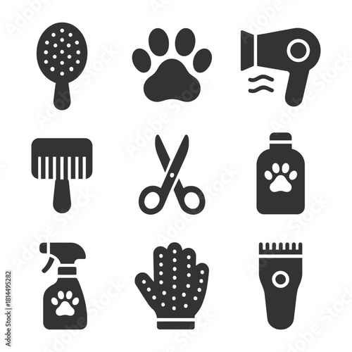 Pet grooming tools: comb, scissors, dryer, shampoo, brush, clippers, spray, paw, glove.