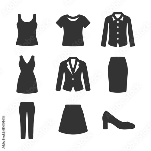 Set of women's clothing icons featuring shirts, dresses, skirts, pants, and shoes.