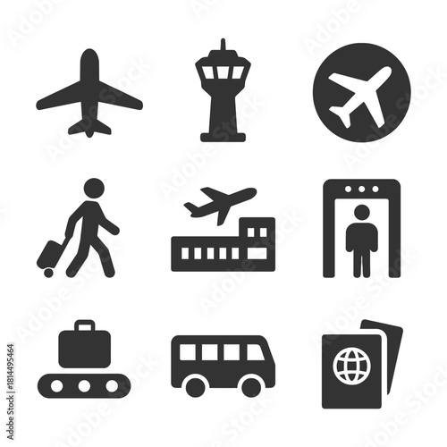 Airport icons: airplane, control tower, passenger, terminal, security, luggage.