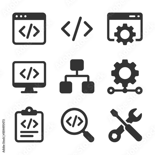 Web development icons set: code, gear, tools, monitor, flowchart, clipboard, search.