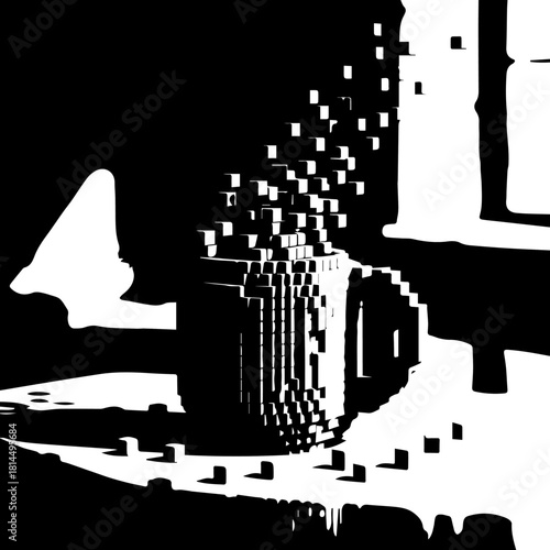 Abstract Digital Art of Pixelated Mug on Table.