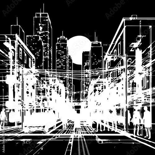 Abstract Digital Cityscape Illustration with Bright Lines.