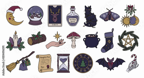 Whimsigoth Christmas Vector Icon Set with Mystical Celestial and Witchy Holiday Elements