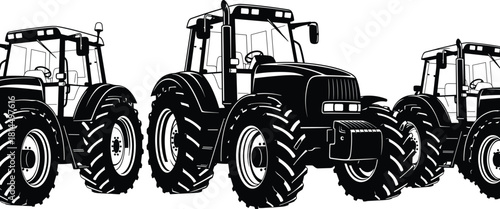 Agricultural tractor silhouette trio, heavy farm machinery vector, black and white harvesting equipment, rural industry vehicle illustration, field work transport