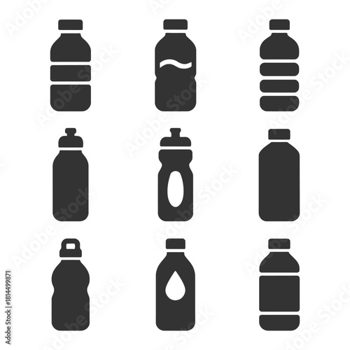 Set of nine black bottle icons on white background.