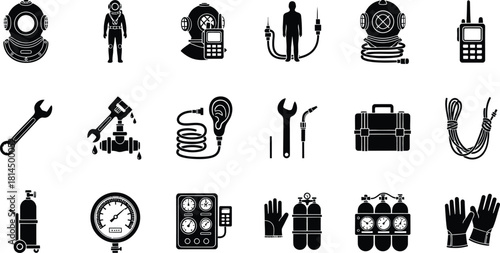Collection of diving tools and equipment black silhouettes