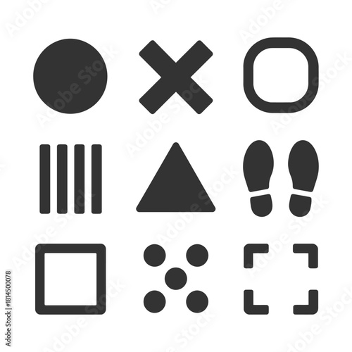 Geometric symbols and shapes collection - circles, triangles, squares, lines, footprints.