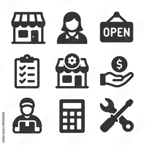 Business icon set: storefronts, employee, tools, and finance symbols.