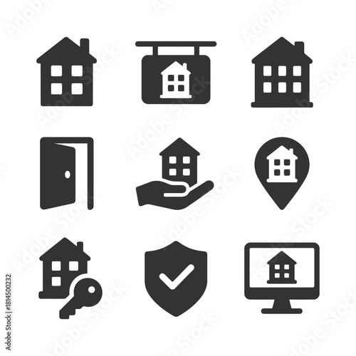 Real estate icons set: house, key, location, security, computer.