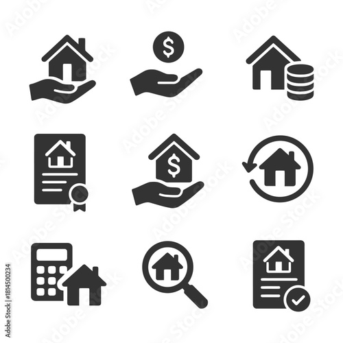 Real estate icons set: home, investment, finance, contract, mortgage, calculation.