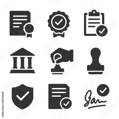 Legal and certification icons set with checkmarks and stamps.