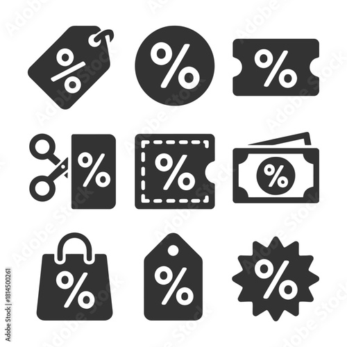 Discount symbols collection featuring tags, coupons, and shopping icons.