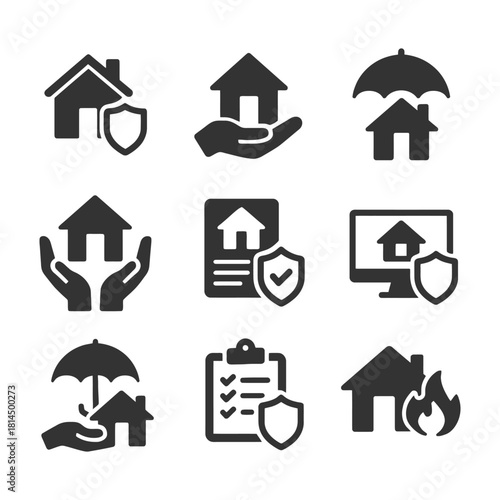 Home insurance icons collection: protection, security, safety symbols.