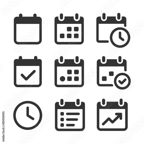 Set of calendar and time icons featuring clocks and checkmarks.
