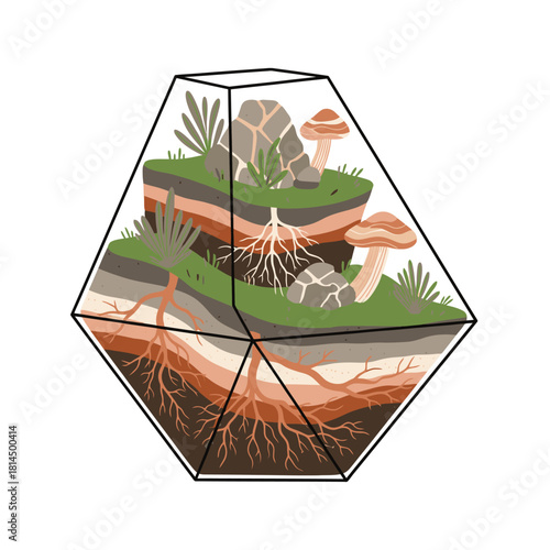 A detailed illustration of a terrarium showcasing layers of soil, plants, rocks, mushrooms, and roots within a geometric glass container on a white background.