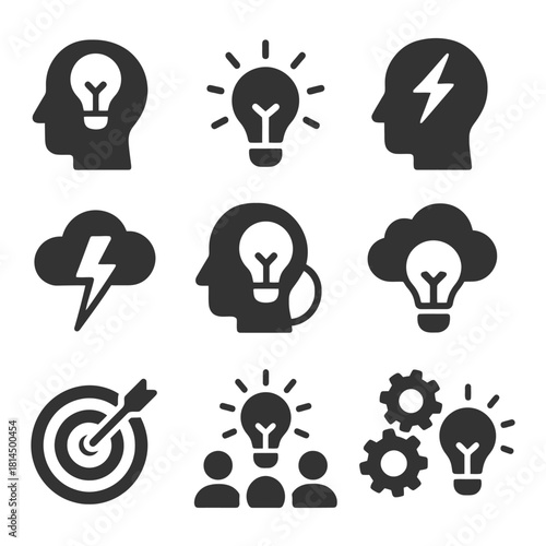 Creative brainstorming icon set: ideas, innovation, problem solving concepts.
