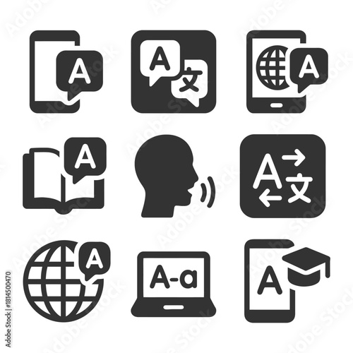 Language translation icons: mobile, book, voice, global, technology.