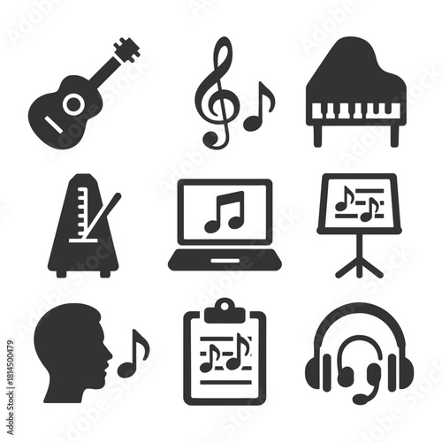 Musical instrument icons: guitar, piano, treble clef, metronome, sheet music, headphones, laptop.
