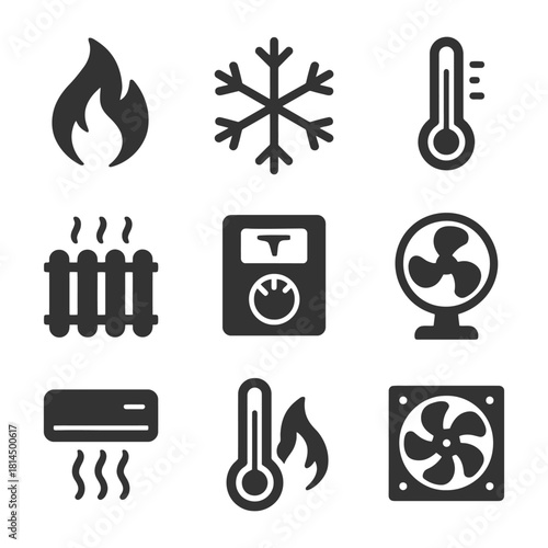 Heating and cooling icons: thermometer, fire, air conditioner, fan symbols.