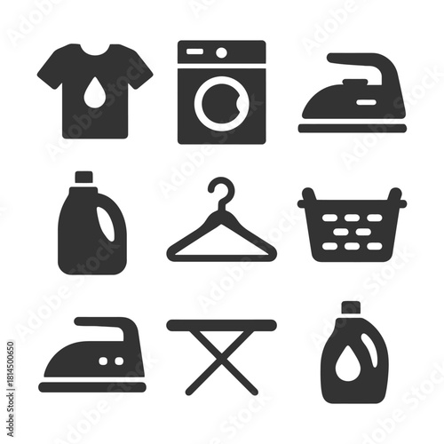 Laundry symbols: washing machine, iron, detergent bottle, hanger, basket.