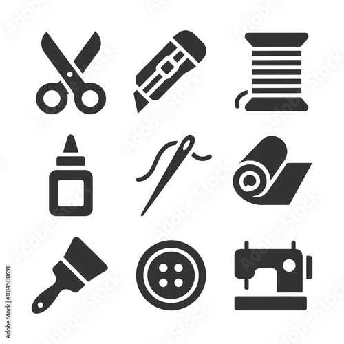 Sewing tools icons set: scissors, needle, sewing machine, glue, thread.
