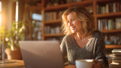 A woman smiles while using her laptop at the desk. There is a coffee cup and the bookshelf background 