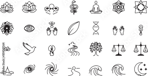 Spiritual awakening line art icons set isolated on white background