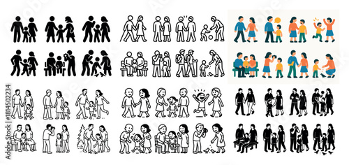 Family silhouettes and line drawings