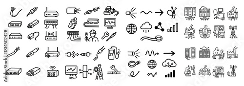 Technology icons: cables, routers, tools