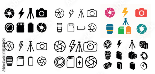 Photography icons set in various styles