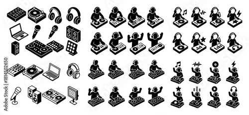 Icon set of dj equipment and djs