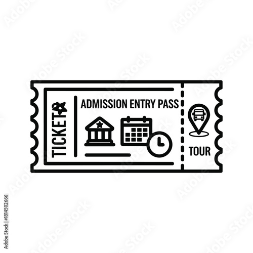 Line art icon of an admission entry pass ticket for tour, event, or attraction with date and location