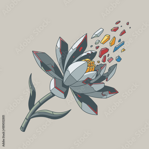 Futuristic mechanical lotus flower dissolving into colorful geometric shards against a neutral background.