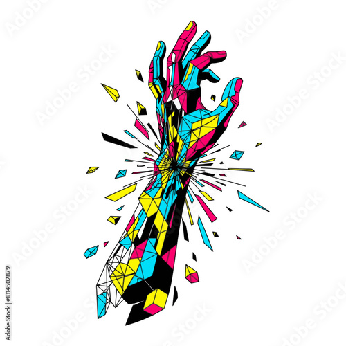 Abstract shattered geometric hand exploding with vibrant cyan, magenta, and yellow colors on a white background