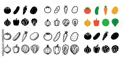 Variety of vegetable icons in color and bw