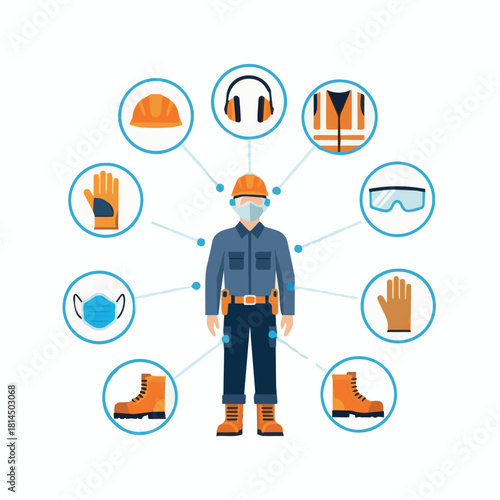 Flat vector graphic of industrial worker wearing PPE gear with safety icons, useful for occupational health education, industrial manuals, and workplace hazard awareness training visuals