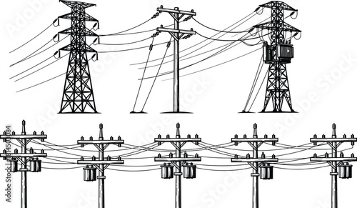 High voltage electric transmission tower, utility pole, power lines vector illustration set, hand drawn energy grid sketch, isolated infrastructure, electricity.