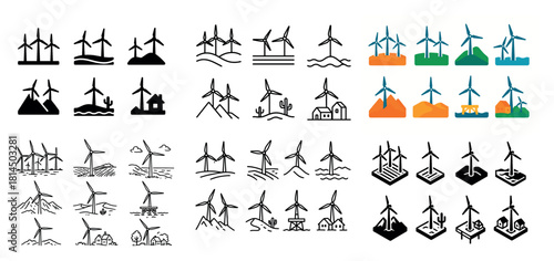 Wind turbine icons in various styles