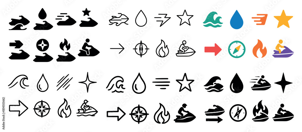 Obraz premium Jet ski icon set: diverse design variations