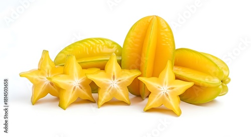 Fresh star fruit slices and whole carambola isolated on white background