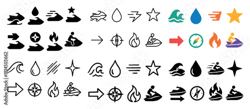 Jet ski icon set: diverse design variations