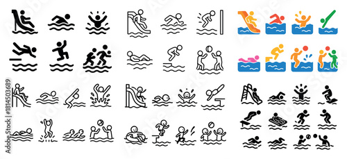 Swimming pool activities icons set