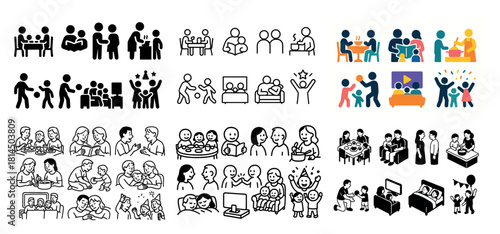 Diverse family activities icons set