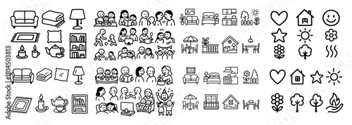 Cozy family icons and home elements